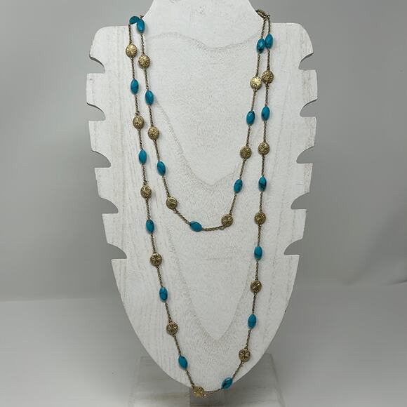 Banana Republic Gold Tone & Turquoise Bead 2 Strand Necklace Size 18 -20 Inch - Picture 1 of 10
